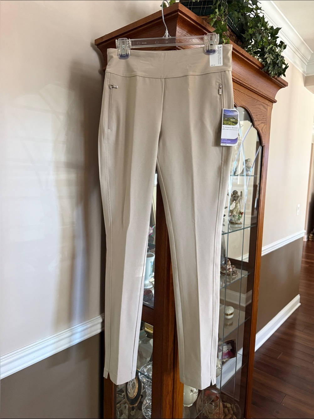 Pebble Beach Beige Straight-Leg Pull-On women’s golf Pants with Zip Pockets